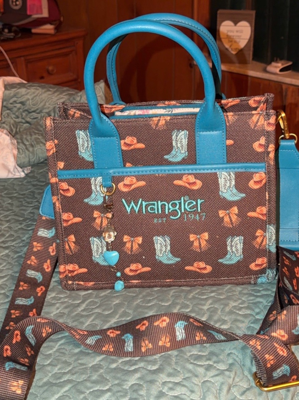 Wrangler Brown Canvas Crossbody with Teal Accents